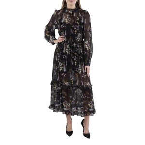 N by Nancy Black Floral Tiered Long Sleeve Ruffled Midi Dress Medium